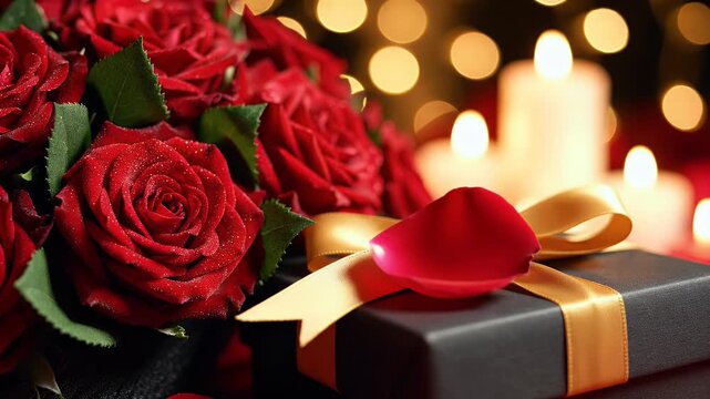 A gift box tied with a golden ribbon sits beside a bouquet of dewy red roses