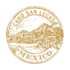 Fototapeta premium Vintage Cabo San Lucas Mexico badge featuring the golden bay skyline and turquoise sea of Cortez.
