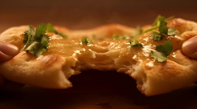 Freshly Baked Naan Bread with Ghee and Cilantro Being Torn Apart