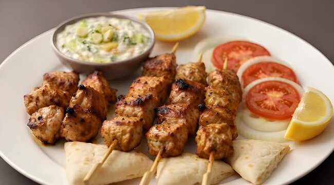 Delicious Chicken Souvlaki Skewers with Tzatziki Sauce, Pita Bread, and Fresh Vegetables
