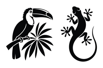 Fototapeta premium Toucan and Gecko Silhouette Illustration
