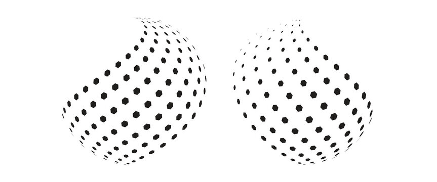 Black halftone pattern sphere collection. Hexagon wireframe 3d circle set. Grid globe element bundle. Round shape pack for tech poster, banner, cover, emblem, leaflet. Vector illustration