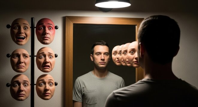 Man in dim room studies mirror, seeing layered reflections of multiple inner selves. He ponders varied emotion masks, selecting a daily facade or authentic self.