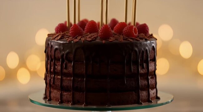 Rich decadent chocolate layer cake with fresh raspberries and golden candles