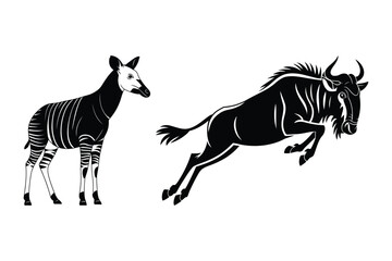 Obraz premium Okapi and Wildebeest Gnu African Wild Animals Vector Art