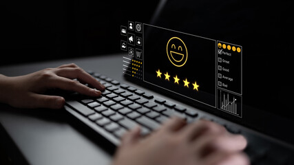 Customer feedback and satisfaction rating system showing star review, happy face, performance...