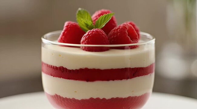 Delicious raspberry parfait in glass with layers of cream and raspberry jam