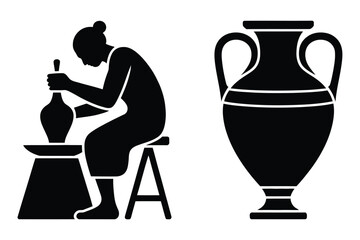 Obraz premium Ancient Artisan Pottery Craft and Amphora Silhouette Vector Icon Set