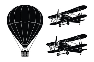 Vintage Air Travel Silhouettes: Hot Air Balloon and Biplanes © Sadek