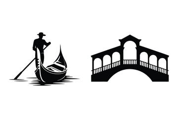 Venetian Gondola and Bridge Landmark Travel Silhouette Icons © Sadek