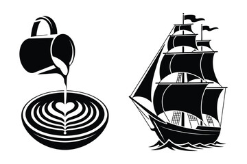 Coffee Latte Art and Historic Sailing Ship Nautical Silhouette © Sadek