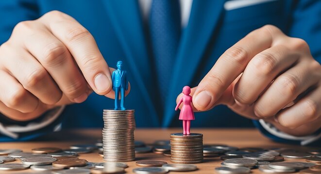 A man's hands position gendered figures on stacks of coins, suggesting economic disparity