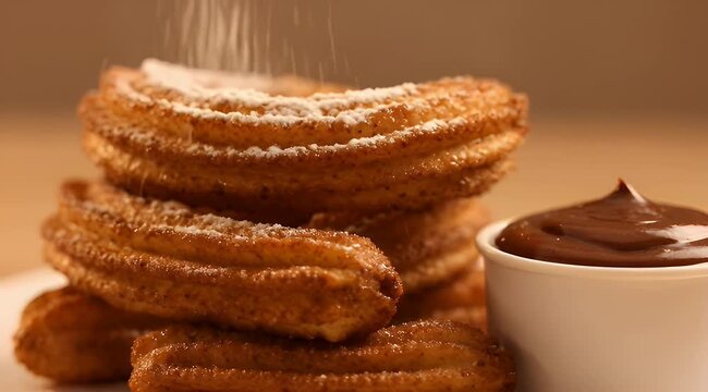 close up view of a stack of churros with chocolate dipping sauce