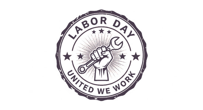 Labor day emblem with hand holding wrench united we work symbol black and white vintage style labor appreciation badge