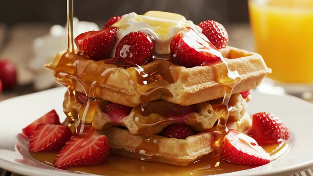 Breakfast waffles with strawberries syrup and butter served close up
