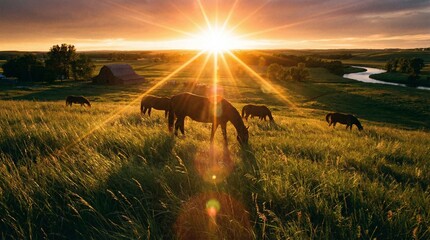 Fototapeta premium 夕暮れの牧場の馬