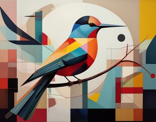 Bunter Vogel auf einem Ast in abstrakter geometrischer Kunstgestaltung.