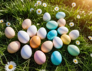 Bunte Ostereier auf gr&uuml;nem Fr&uuml;hlingsgras mit G&auml;nsebl&uuml;mchen im warmen Sonnenlicht. von oben