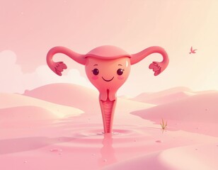 Niedliche Comic-Geb&auml;rmutter mit l&auml;chelndem Gesicht in surrealer rosa Landschaft.