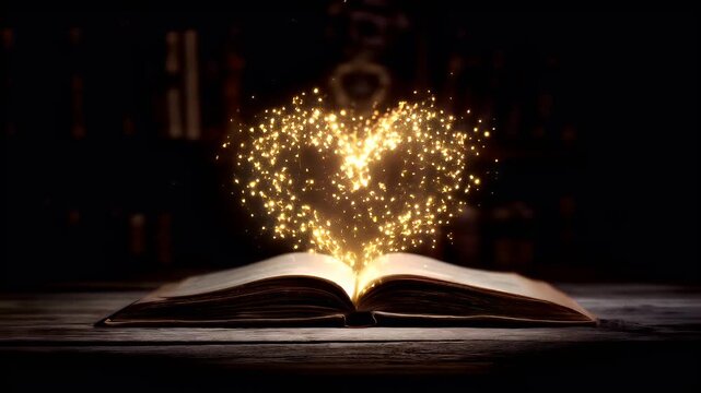 Romantic love theme for Valentines Day. An open book on a wooden surface, illuminated by a warm, golden light emanating from its pages, creating a radiant heart shape.
