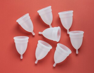 Mehrere wei&szlig;e Menstruationstassen auf korallfarbenem Hintergrund in minimalistischer Flatlay-Komposition.