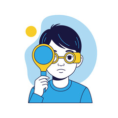 Illustration Of A Young Boy Holding Magnifying Glass, Exploring Visual Curiosity And Insight