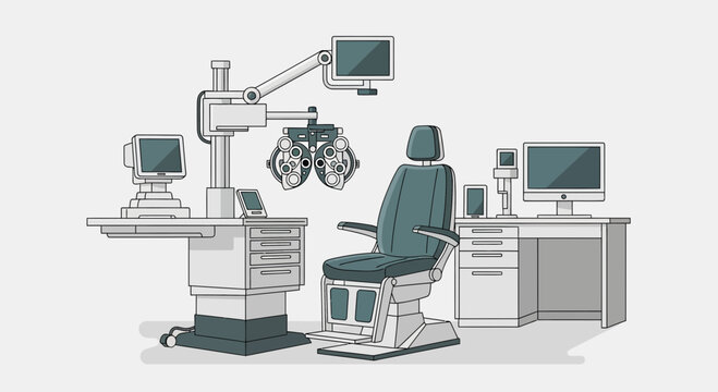 Illustration Of An Optometry Examination Room With Equipment And Chairs