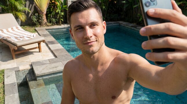 Handsome man in the pool on vacation at a hotel.