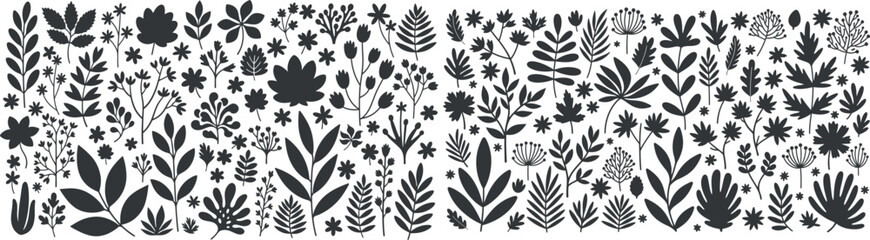 Fototapeta premium Botanical leaf and branch silhouette vector set featuring wild forest twigs floral greenery and spring nature plant elements for wedding invitations elegant packaging and organic graphic design