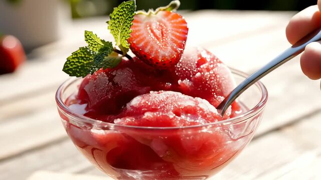 Close up of strawberry sorbet with mint garnish and spoon in glass bowl