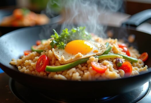 Dynamic Wok Fried Rice Stirred with Colorful Vegetables and Scrambled Egg in an Exciting Cooking Action