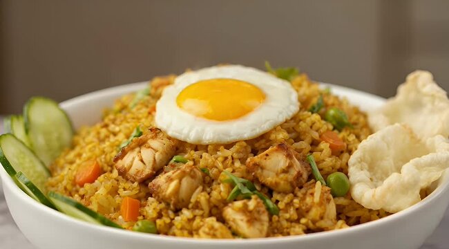Delicious nasi goreng with chicken and fried egg in a white bowl