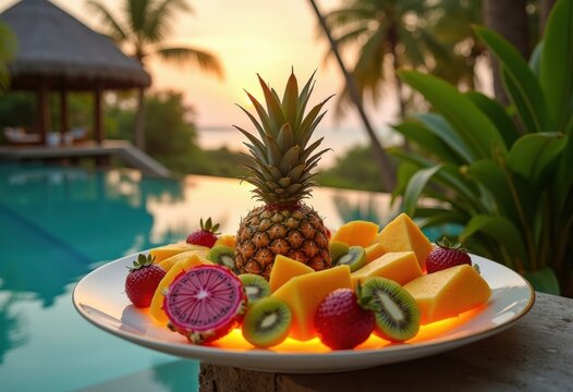 Exotic Fruit Arrangement at Luxury Resort Infinity Pool Cabana Stunning Outdoors