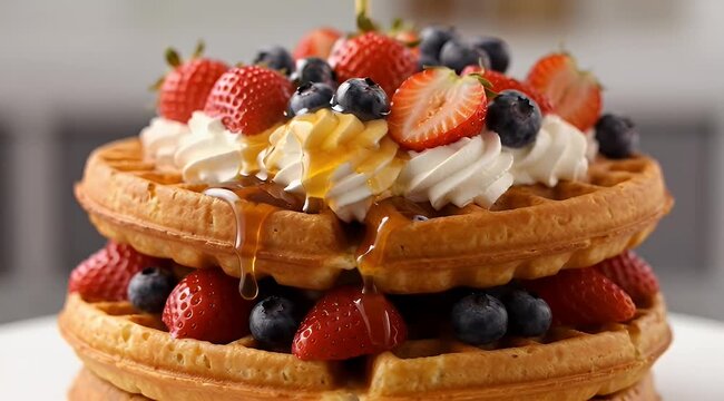 A delicious stack of waffles with fresh berries, whipped cream and syrup
