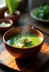 Lacquered Wooden Bowl of Silky Miso Soup Infused with Tofu and Seaweed Colourful Harmony