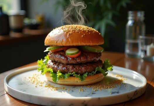 Luxurious Hamburger Topped with Gold Leaf on Elegant Marble Board