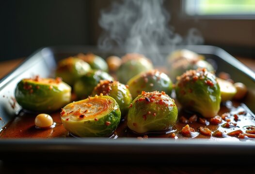 Oven-Roasted Brussels Sprouts Glazed in Balsamic Vinegar on Dark Metal Baking Tray with Caramelized Edges