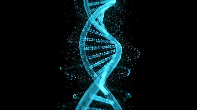 Blue dna helix structure of particle in digital science