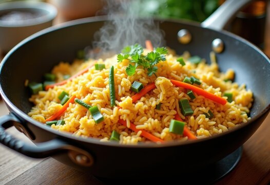 Sizzling Fried Rice Vegetable Medley in Wok with Scrambled Eggs Color Explosion
