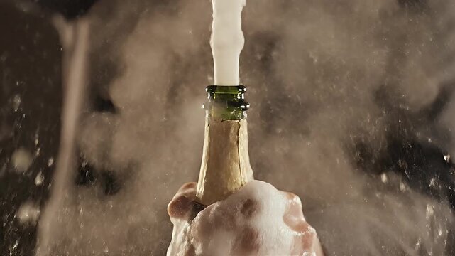Hand holding a bottle as champagne erupts in a frothy explosion