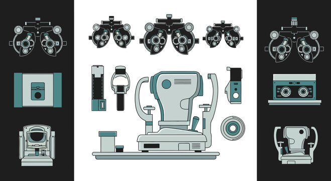 Illustration Of Optometric Equipment Depicting Vision Diagnostic Tools In Flat Style