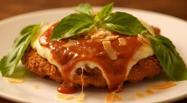 Delicious chicken parmesan on a plate with fresh basil garnish