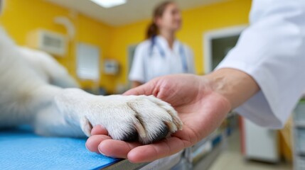 Veterinarian comforting dog with gentle handshake in bright clinic room