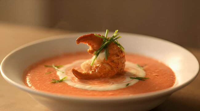 Elegant Lobster Bisque with Cream Swirl and Fresh Chive Garnish