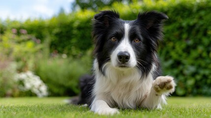 Border collie lying on grass in sunny garden