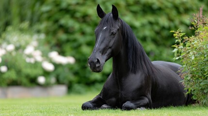 Fototapeta premium Majestic black horse resting on green lawn in serene natural setting