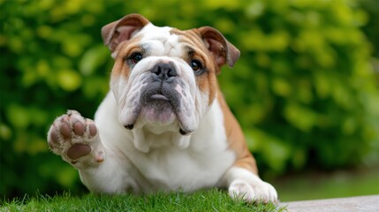 Fototapeta premium Playful english bulldog with raised paw on lush green lawn