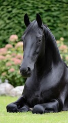 Obraz premium Sleek black horse lying on grass with greenery in background