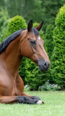 Obraz premium Elegant bay horse resting in lush green garden