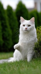 Fluffy white cat with green eyes in a lush garden setting